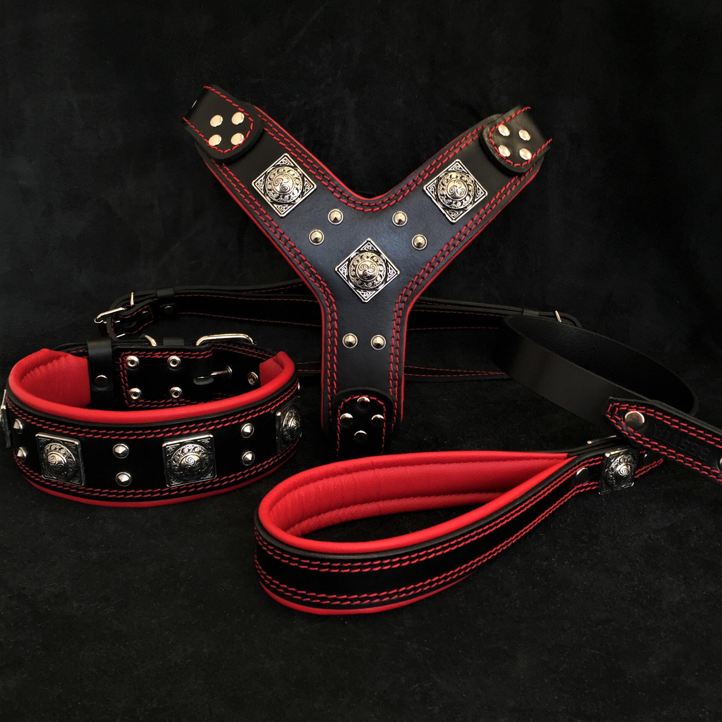 „EROS“ BIG Dog Set – Geschirr, Halsband & Leine – Schwarz & Rot