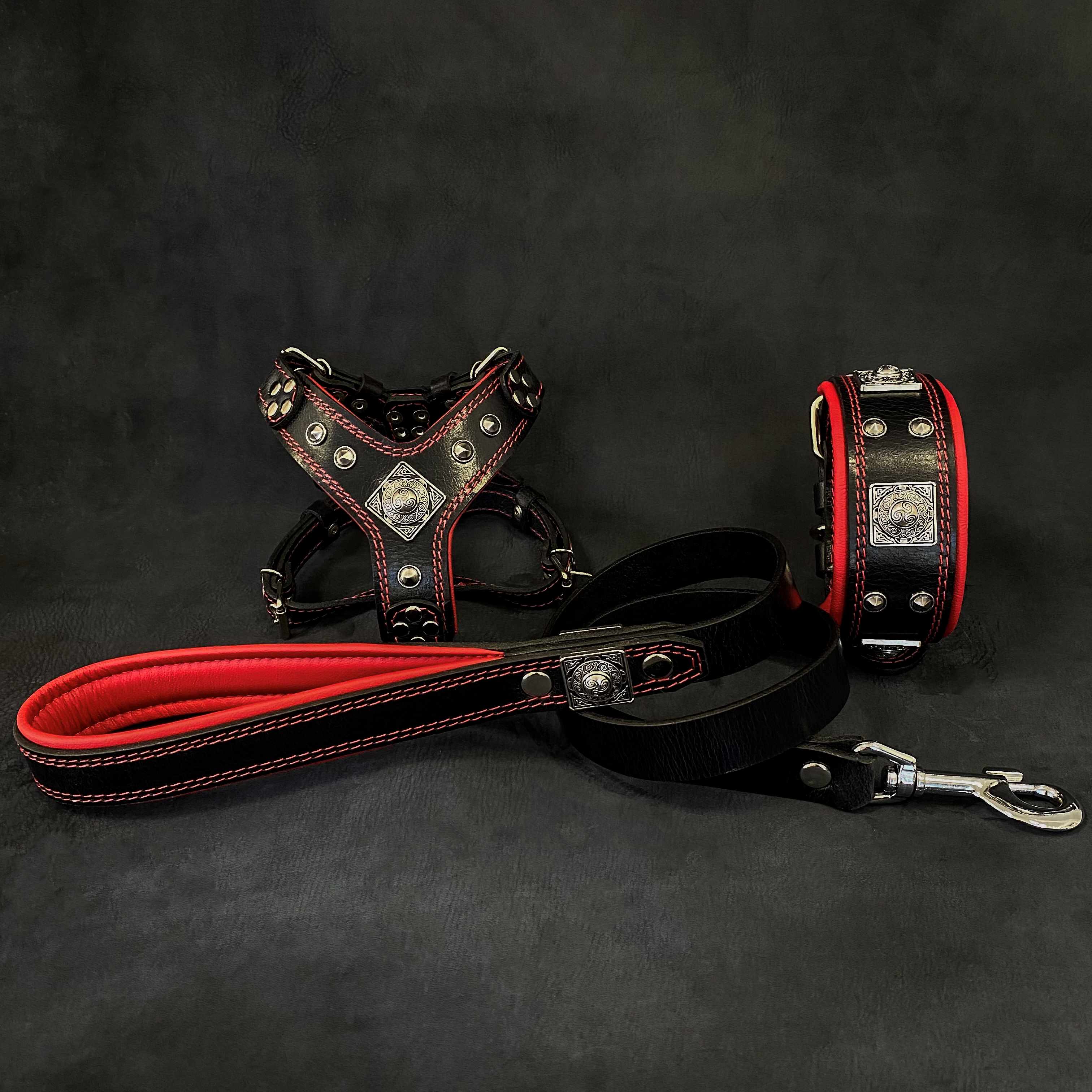 „EROS“ Set für kleine bis mittelgroße Hunde – Geschirr, Halsband & Leine – Schwarz & Rot